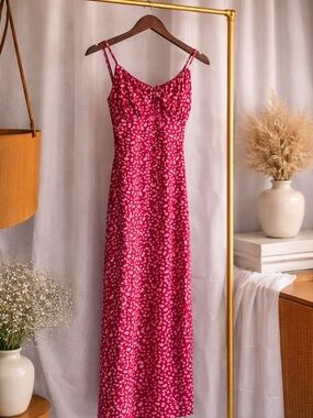 Sleeveless Red Floral Maxi Dress with Tie Front